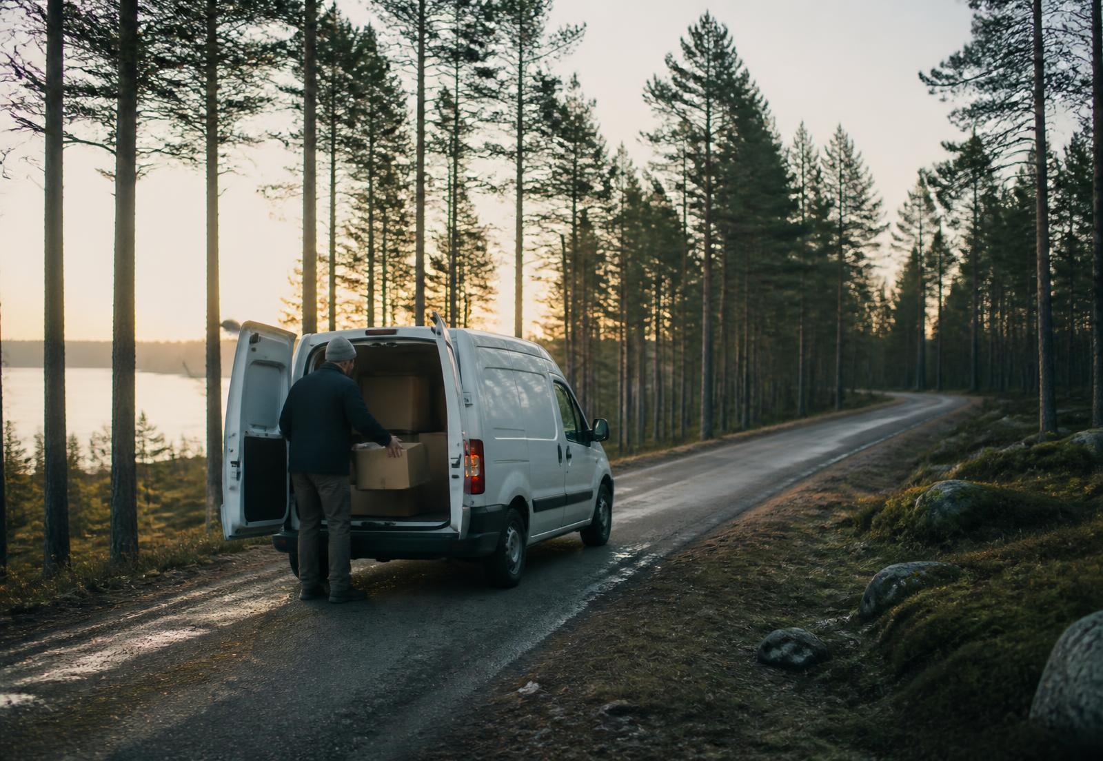 A van with boxes on a quiet forest road